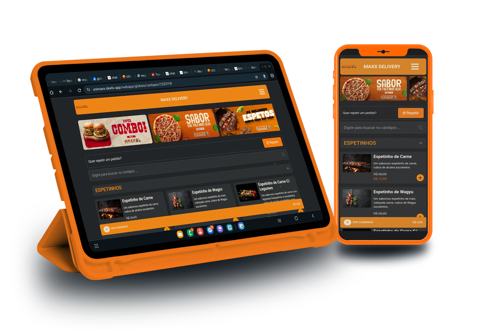 Interface do novo PDV MaxxDelivery mostrando sistema completo em tablet e celular